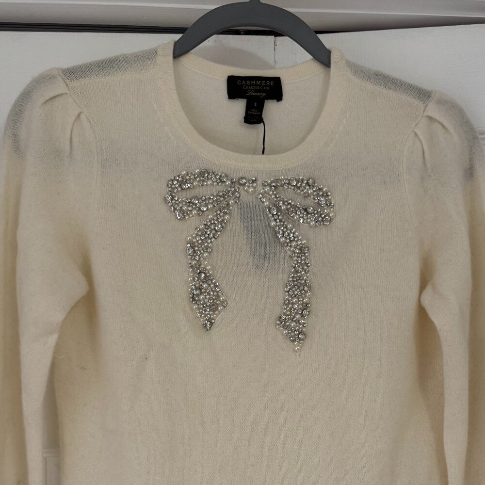 Ivory Cashmere Sweater Bow Crystal/Pearl embellishment size S  NWT